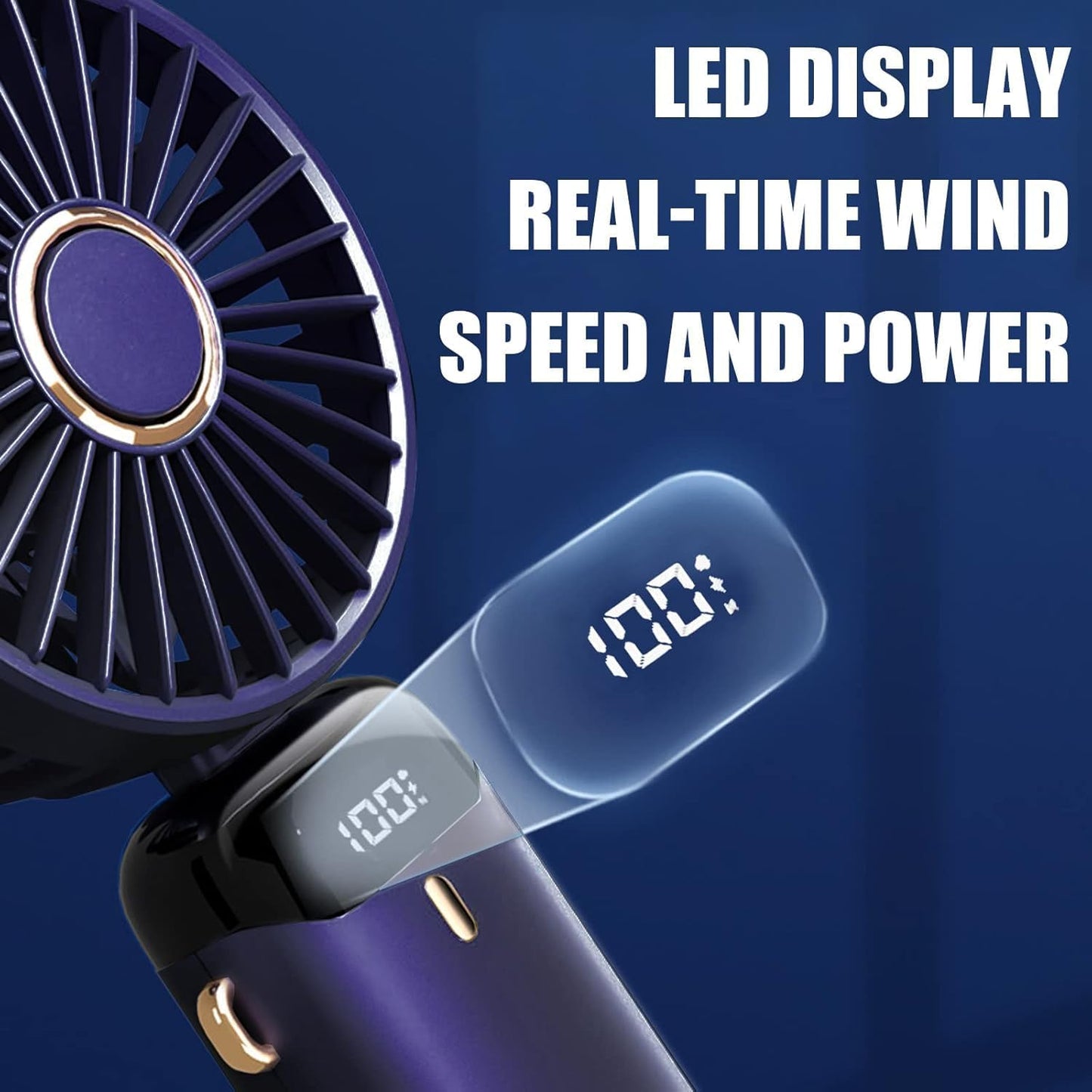 Hand Held Fan,Portable Handheld USB Rechargeable Fans with 5 Speeds,Battery Operated Mini Fan Foldable Desk Desktop Fans with LED Display for Home Office Bedroom Outdoor Travel (Darkblue)