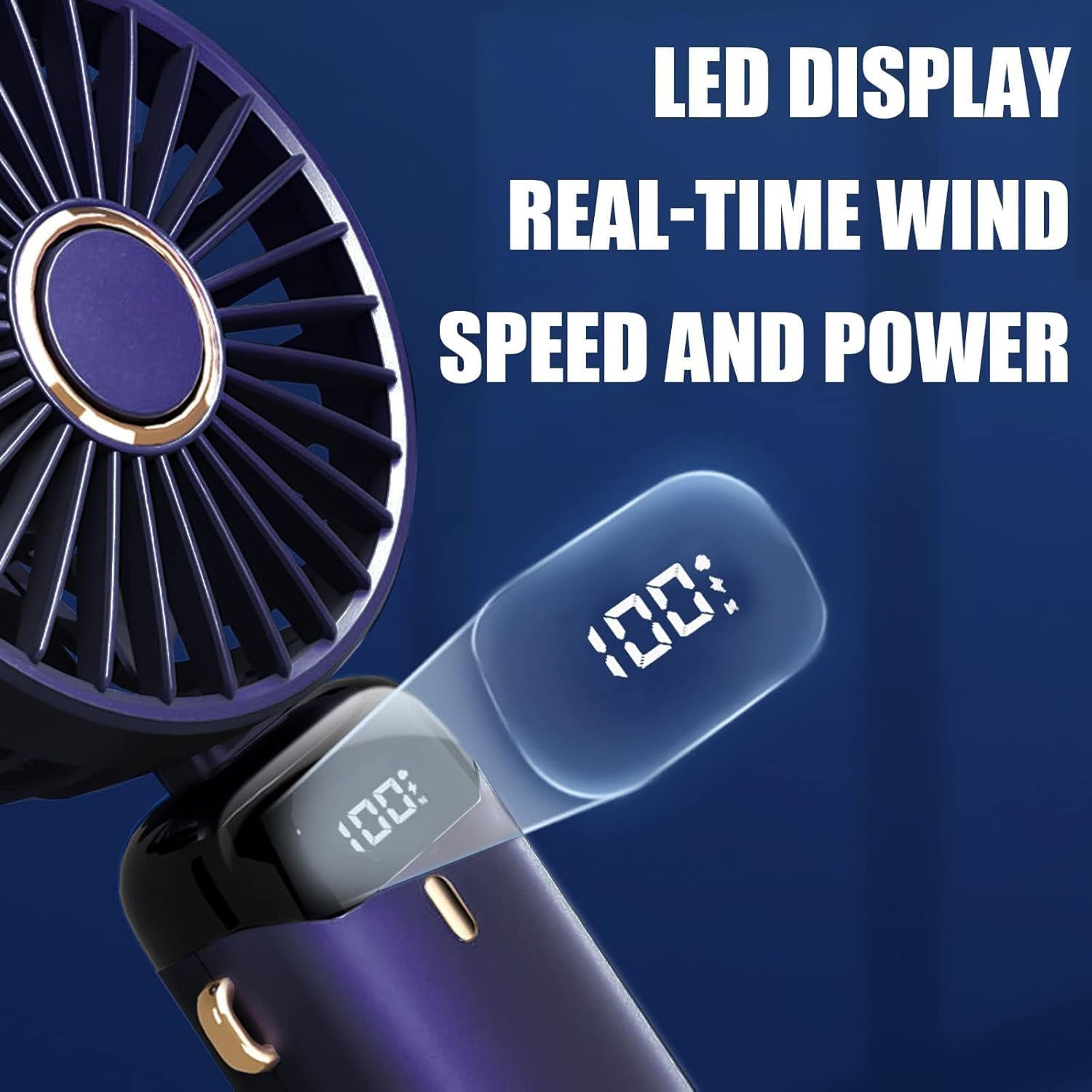 Hand Held Fan,Portable Handheld USB Rechargeable Fans with 5 Speeds,Battery Operated Mini Fan Foldable Desk Desktop Fans with LED Display for Home Office Bedroom Outdoor Travel (Darkblue)