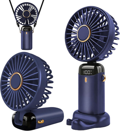 Hand Held Fan,Portable Handheld USB Rechargeable Fans with 5 Speeds,Battery Operated Mini Fan Foldable Desk Desktop Fans with LED Display for Home Office Bedroom Outdoor Travel (Darkblue)
