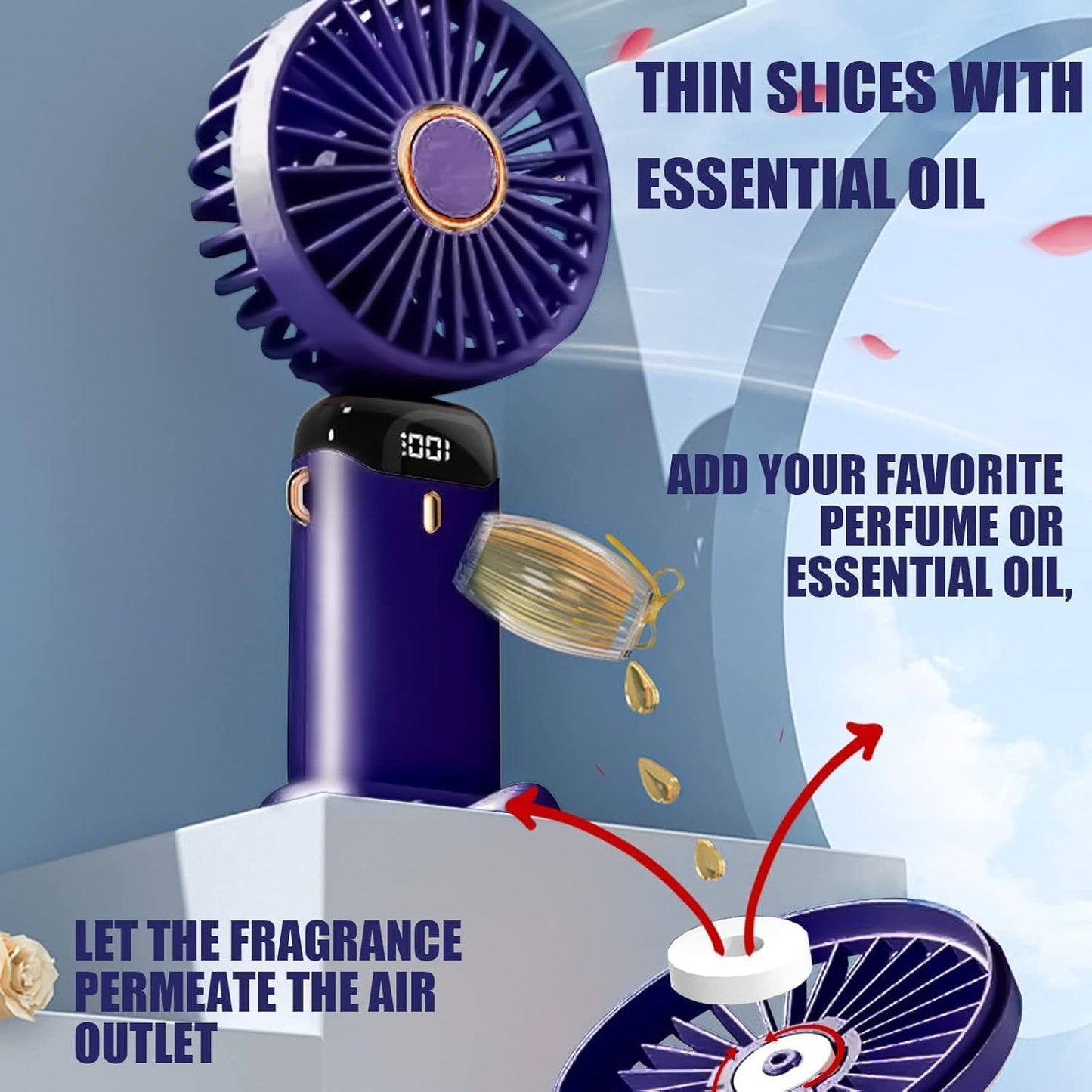 Hand Held Fan,Portable Handheld USB Rechargeable Fans with 5 Speeds,Battery Operated Mini Fan Foldable Desk Desktop Fans with LED Display for Home Office Bedroom Outdoor Travel (Darkblue)